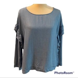 Two by Vince Camuto Chambray Ruffled‎ shoulder top